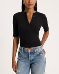 Express Women's Fitted Ribbed Elbow Sleeve Henley T-Shirt in Pitch Black