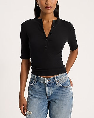 Express Women's Fitted Ribbed Elbow Sleeve Henley T-Shirt in Pitch Black