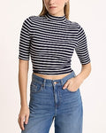 Express Women's in Striped Ribbed Mock Neck Elbow Sleeve T-Shirt