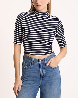 Express Women's in Striped Ribbed Mock Neck Elbow Sleeve T-Shirt