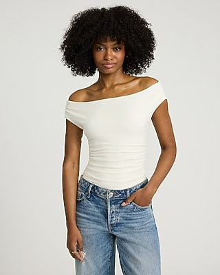 Express Women's Body Contour Light Compression Stretch Cotton Off The Shoulder Ruched Bodysuit in Ivory
