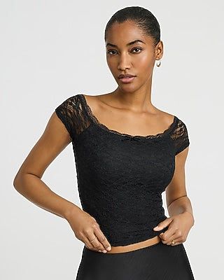 Express Women's Lace Scoop Neck Cap Sleeve Crop Top in Black Small
