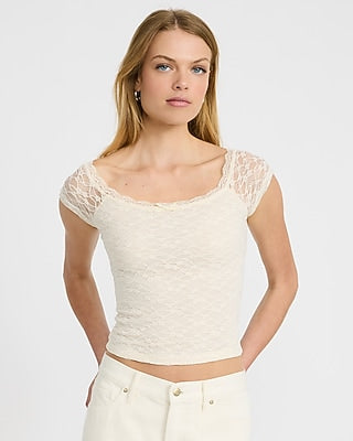 Express Women's Lace Scoop Neck Cap Sleeve Crop Top in Neutral Small
