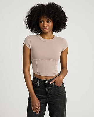 Express Women's Fitted Ribbed Crew Neck Corset Baby T-Shirt in Mushroom