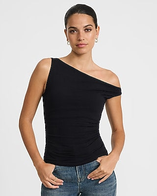 Express Women's One Shoulder Twist Strap Ruched Knit Top in Black Small