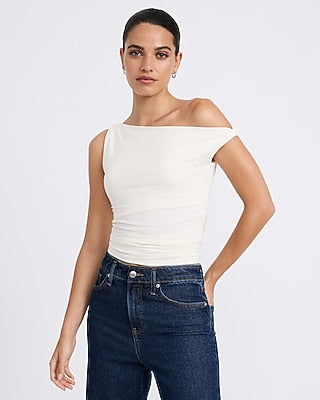 Express Women's One Shoulder Twist Strap Ruched Knit Top in Neutral Small