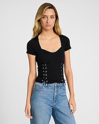 Express Women's Body Contour Seamless Ribbed Sweetheart Lace-Up T-Shirt in Pitch Black