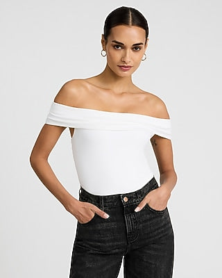 Express Women's Body Contour Light Compression Stretch Cotton Off The Shoulder Bodysuit in White