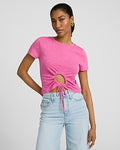 Express Women's Crew Neck Short Sleeve Front Tie Cutout T-Shirt in Pink Small