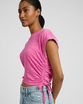 Express Women's Crew Neck Short Sleeve Ruched Side Tie T-Shirt in Soft Pink