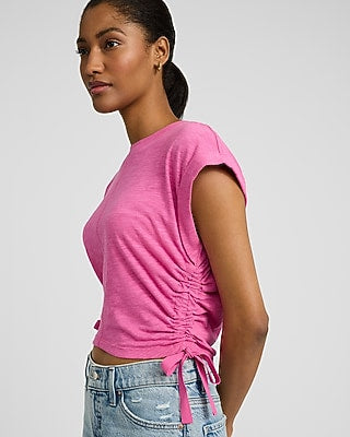 Express Women's Crew Neck Short Sleeve Ruched Side Tie T-Shirt in Soft Pink