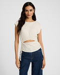 Express Women's Boat Neck Cap Sleeve Front Cutout Tie Side T-Shirt in Neutral Small