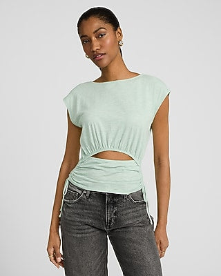 Express Women's Boat Neck Cap Sleeve Front Cutout Tie Side T-Shirt in Aqua Foam