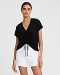 Express Women's V-Neck Short Sleeve Ruched Tie Front T-Shirt in Pitch Black