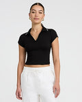 Express Women's Ribbed Collared V-Neck Short Sleeve Polo T-Shirt in Pitch Black