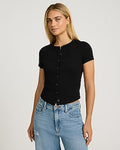 Express Women's Ribbed Button Front Short Sleeve T-Shirt in Black Small