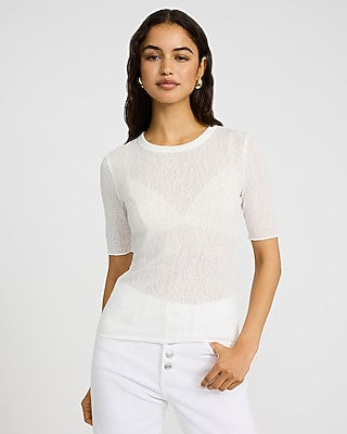 Express Women's Sheer Textured Crew Neck Short Sleeve T-Shirt in White Small
