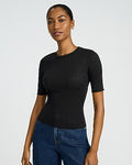 Express Women's Sheer Textured Crew Neck Short Sleeve T-Shirt in Black Small