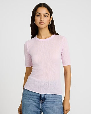 Express Women's Sheer Textured Crew Neck Short Sleeve T-Shirt in Vintage Pink