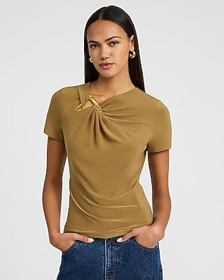 Express Women's Short Sleeve Twist Front Gold Hardware T-Shirt in Brown Small