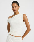 Express Women's Mesh Asymmetrical One Shoulder Ruched Top in White Small
