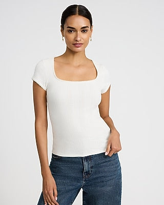 Express Women's Pointelle Square Neck Short Sleeve T-Shirt in White Small