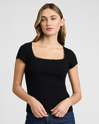Express Women's Pointelle Square Neck Short Sleeve T-Shirt in Pitch Black