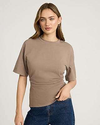Express Women's Stretch Cotton Short Sleeve Ruched Waist T-Shirt in Mushroom