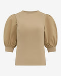 Express Women's Mixed Media Crew Neck Short Puff Sleeve T-Shirt in Tan