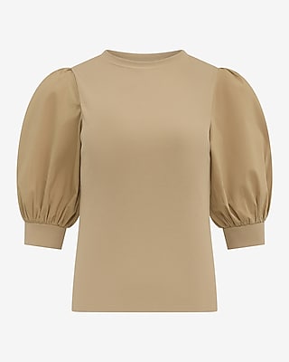 Express Women's Mixed Media Crew Neck Short Puff Sleeve T-Shirt in Tan