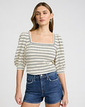 Express Women's Jacquard Striped Square Neck Puff Sleeve T-Shirt in White Stripe