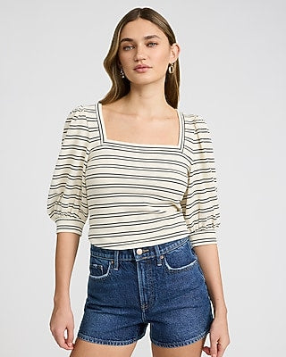 Express Women's Jacquard Striped Square Neck Puff Sleeve T-Shirt in White Stripe