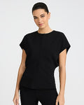 Express Women's Studio Stretch Crepe Crew Neck Cap Sleeve Draped T-Shirt in Pitch Black