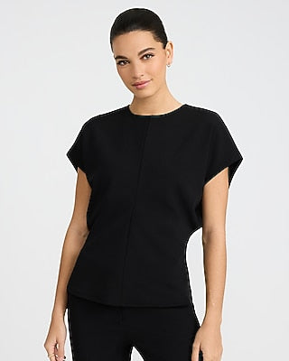 Express Women's Studio Stretch Crepe Crew Neck Cap Sleeve Draped T-Shirt in Pitch Black