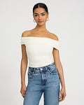 Express Women's Ribbed Knit Off The Shoulder Twist T-Shirt in White Small