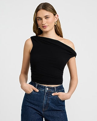 Express Women's Ribbed Knit Off The Shoulder Twist T-Shirt in Black Small
