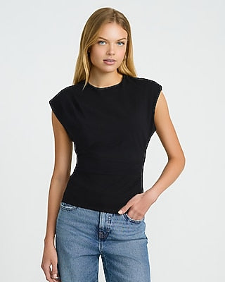 Express Women's Stretch Cotton Crew Neck Cap Sleeve Draped T-Shirt in Black Small