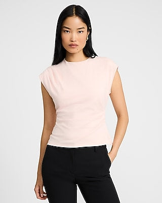Express Women's Stretch Cotton Crew Neck Cap Sleeve Draped T-Shirt in Pink Small