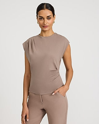 Express Women's Stretch Cotton Crew Neck Cap Sleeve Draped T-Shirt in Brown Small