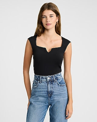 Express Women's Body Contour High Compression Notch Cap Sleeve Bodysuit in Black Small