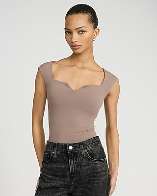Express Women's Body Contour High Compression Notch Cap Sleeve Bodysuit in Brown Small