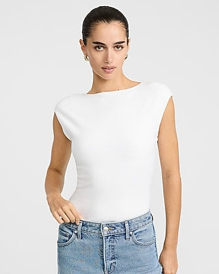 Express Women's Body Contour Stretch Cotton Open Back Bodysuit in White Small