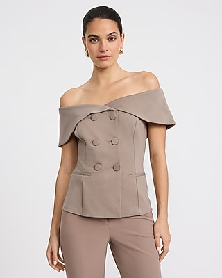 Express Women's Signature Ponte Off The Shoulder Double Breasted Tailored Top in Brown Small