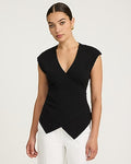 Express Women's Studio Stretch Crepe V-Neck Short Sleeve Surplice Top in Black Small