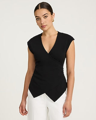 Express Women's Studio Stretch Crepe V-Neck Short Sleeve Surplice Top in Black Small