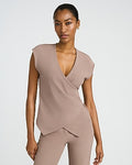 Express Women's Studio Stretch Crepe V-Neck Short Sleeve Surplice Top in Mushroom