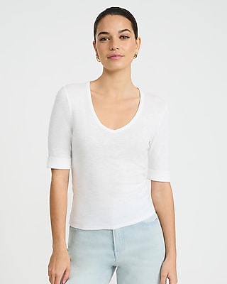 Express Women's Fitted Ribbed V-Neck Elbow Sleeve T-Shirt in White Small