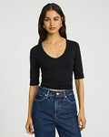 Express Women's Fitted Ribbed V-Neck Elbow Sleeve T-Shirt in Black Small