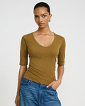 Express Women's Fitted Ribbed V-Neck Elbow Sleeve T-Shirt in Brown Small