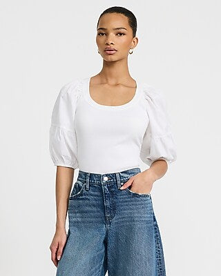 Express Women's Stretch Cotton Ribbed Scoop Neck Puff Sleeve Bodysuit in White Small